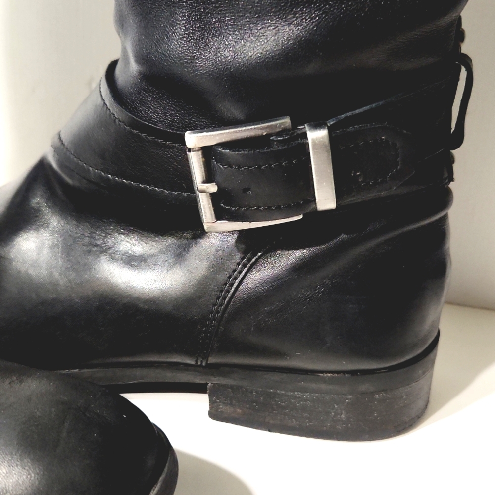 Clarks Pita Dakota Black Leather Riding Moto Buckle Zip Tall Boots Size 9.5 - Picture 7 of 13